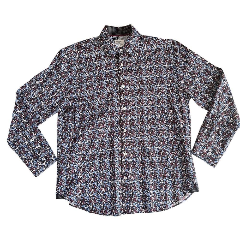Society of Threads Men's Size M Slim Ditsy Floral Dress Shirt Maroon Blue White